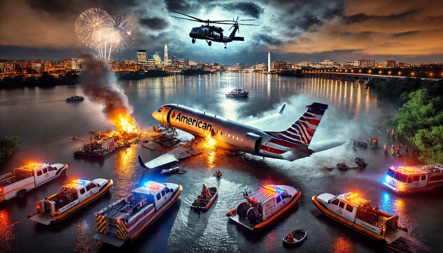 ആർമി ഹെലിക്കോപ്റ്ററും വിമാനവും കൂട്ടിയിടിച്ച് 30-ൽ അധികം പേർ മരിച്ചു