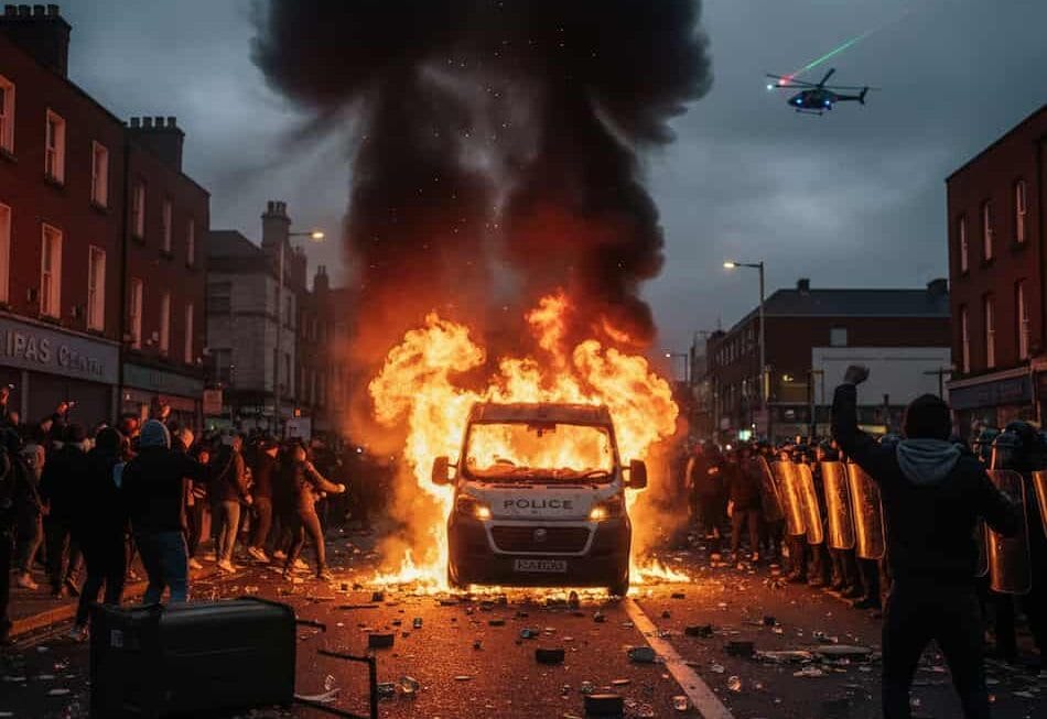 ഡബ്ലിൻ: അഭയാർത്ഥി കേന്ദ്രത്തിന് സമീപം വൻ സംഘർഷം; പോലീസ് വാഹനത്തിന് തീയിട്ടു, ഹെലികോപ്റ്ററിന് നേരെ ലേസർ ആക്രമണം