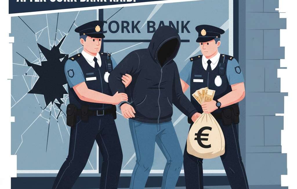 പോക്കറ്റിൽ വിരൽ ഇട്ട് തോക്ക് എന്ന് പറഞ്ഞു, കോർക്കിൽ സിനിമ സ്റ്റൈൽ  ബാങ്ക് കവർച്ച: ഒരാൾ അറസ്റ്റിൽ, 6,000 യൂറോ കണ്ടെടുത്തു