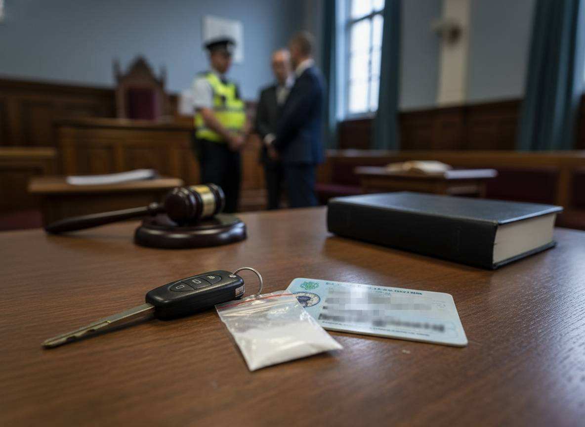 ടല്ലറ്റ് കോടതിയിൽ, ഇൻഷുറൻസില്ലാത്ത ഡ്രൈവർക്ക് കൊക്കെയ്നുമായും വ്യാജപേര് ഉപയോഗിച്ചതിനും നാല് വർഷത്തെ വിലക്ക്.