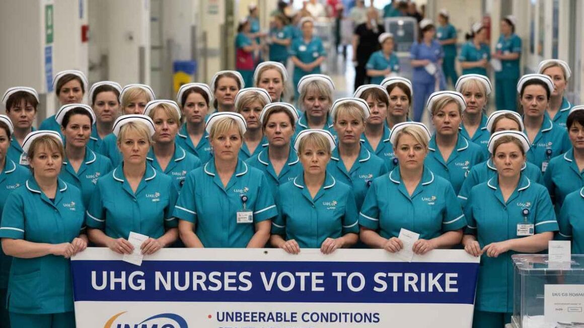 UHG-യിലെ നഴ്സുമാർ പണിമുടക്കിനായി വോട്ട് രേഖപ്പെടുത്തി. ‘താങ്ങാനാവാത്ത’ തൊഴിൽ സാഹചര്യങ്ങൾ, ജീവനക്കാർക്ക് നേരെയുള്ള ആക്രമണങ്ങൾ, ഗുരുതരമായ തിരക്ക് എന്നിവയാണ് പണിമുടക്കിലേക്ക് നയിച്ച കാരണങ്ങളായി INMO ചൂണ്ടിക്കാട്ടുന്നത്.