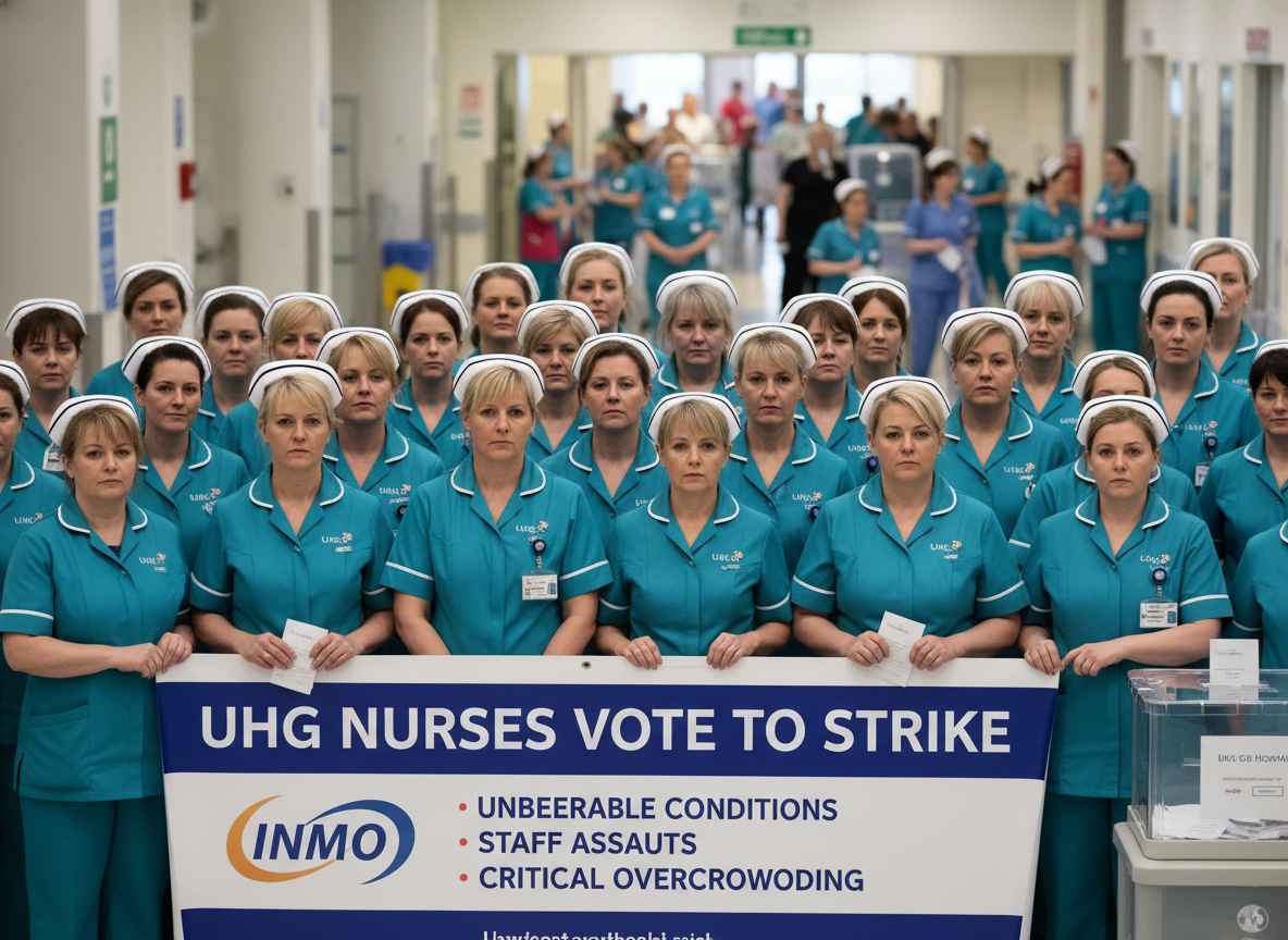 UHG-യിലെ നഴ്സുമാർ പണിമുടക്കിനായി വോട്ട് രേഖപ്പെടുത്തി. 'താങ്ങാനാവാത്ത' തൊഴിൽ സാഹചര്യങ്ങൾ, ജീവനക്കാർക്ക് നേരെയുള്ള ആക്രമണങ്ങൾ, ഗുരുതരമായ തിരക്ക് എന്നിവയാണ് പണിമുടക്കിലേക്ക് നയിച്ച കാരണങ്ങളായി INMO ചൂണ്ടിക്കാട്ടുന്നത്.