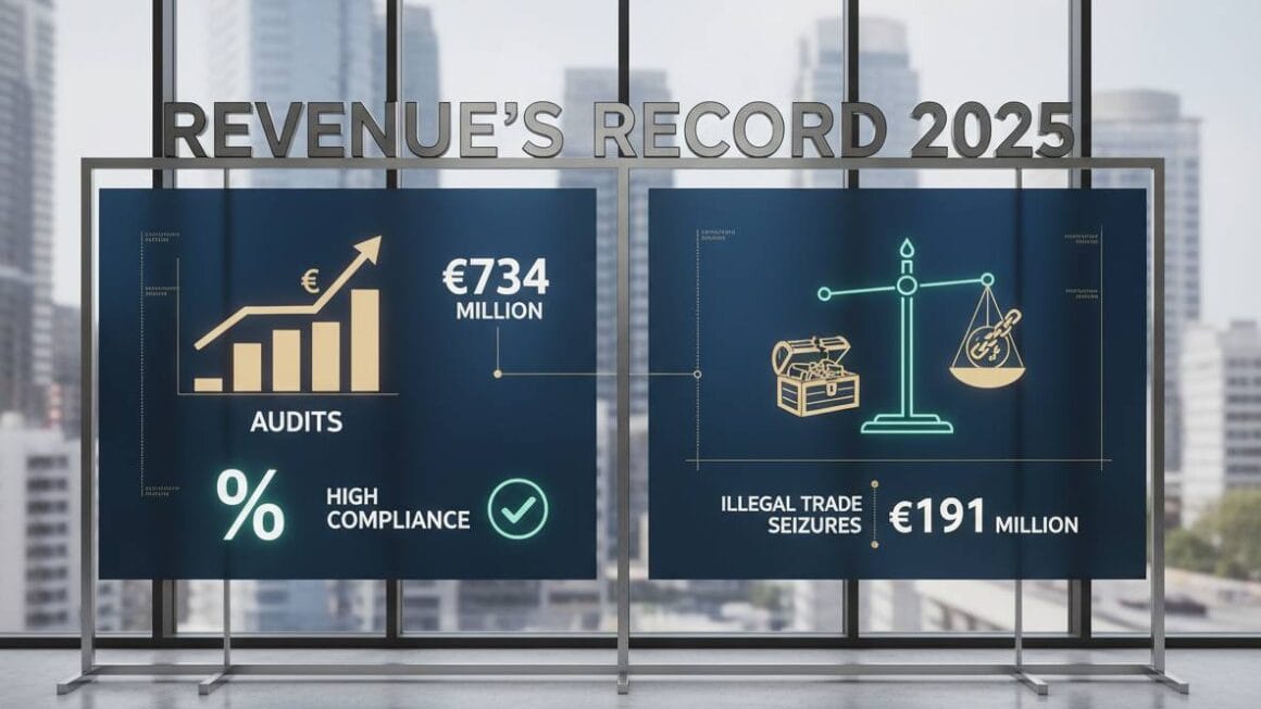 റവന്യൂ റെക്കോർഡ്: ഓഡിറ്റുകളിലൂടെ 734 മില്യൺ യൂറോ, ഉയർന്ന നികുതി പാലനം, നിയമവിരുദ്ധ വ്യാപാര പിടിച്ചെടുക്കലുകളിലൂടെ 191 മില്യൺ യൂറോ.