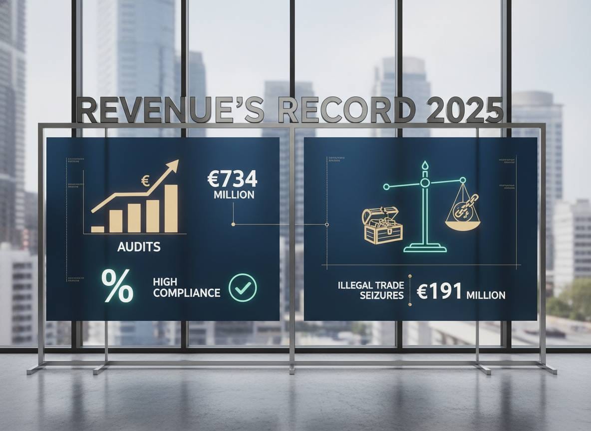 റവന്യൂ റെക്കോർഡ്: ഓഡിറ്റുകളിലൂടെ 734 മില്യൺ യൂറോ, ഉയർന്ന നികുതി പാലനം, നിയമവിരുദ്ധ വ്യാപാര പിടിച്ചെടുക്കലുകളിലൂടെ 191 മില്യൺ യൂറോ.