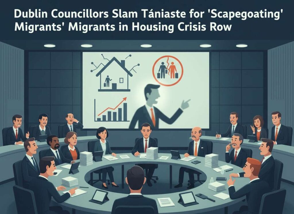 ഡബ്ലിൻ കൗൺസിലർമാർ, ഭവന പ്രതിസന്ധി സംബന്ധിച്ച തർക്കത്തിൽ കുടിയേറ്റക്കാരെ ‘ബലിയാടാക്കുന്നു’ എന്ന് ആരോപിച്ച് Tánaiste ഹാരിസിനെ രൂക്ഷമായി വിമർശിച്ചു.