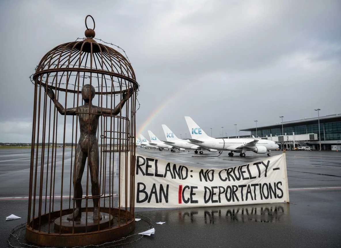 അയർലൻഡ് ഷാനോണിൽ നിന്ന് പുറപ്പെടുന്ന 'ക്രൂരമായ' ICE നാടുകടത്തൽ വിമാനങ്ങൾ നിരോധിക്കാൻ വർദ്ധിച്ചുവരുന്ന സമ്മർദ്ദം നേരിടുന്നു.