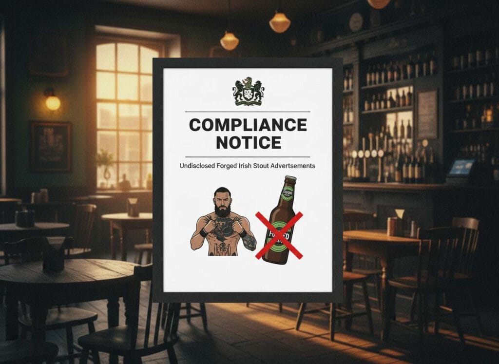 കോനർ മക്ഗ്രിഗറിന്, വ്യാജ ഐറിഷ് സ്റ്റൗട്ട് പരസ്യങ്ങളുടെ പേരിൽ കംപ്ലയൻസ് നോട്ടീസ്