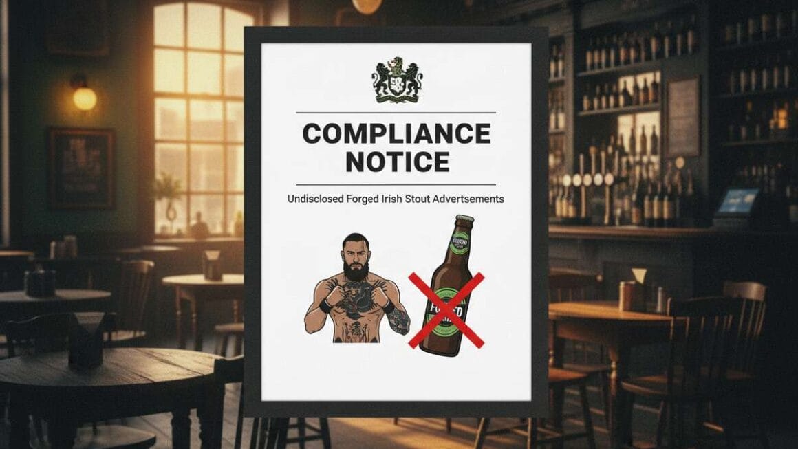 കോനർ മക്ഗ്രിഗറിന്, വ്യാജ ഐറിഷ് സ്റ്റൗട്ട് പരസ്യങ്ങളുടെ പേരിൽ കംപ്ലയൻസ് നോട്ടീസ്