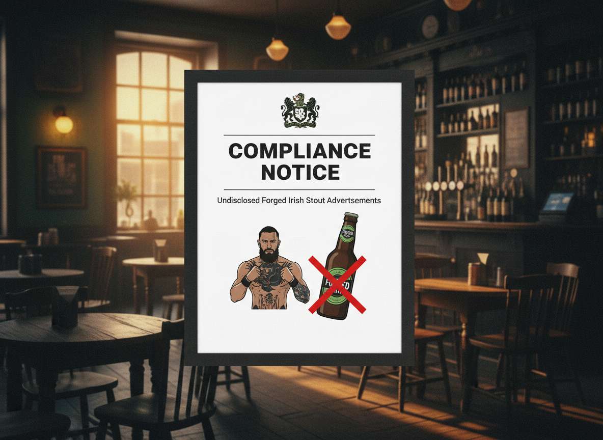 കോനർ മക്ഗ്രിഗറിന്, വ്യാജ ഐറിഷ് സ്റ്റൗട്ട് പരസ്യങ്ങളുടെ പേരിൽ കംപ്ലയൻസ് നോട്ടീസ്