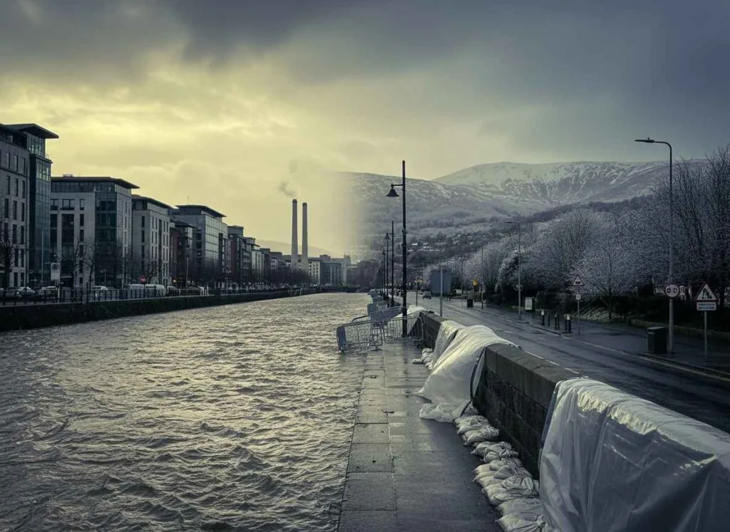 ഇരട്ട ഭീഷണി:  മഴ  ഐസ് മുന്നറിയിപ്പുകൾ, വെള്ളപ്പൊക്ക സാധ്യതയെ നേരിടാൻ ഡബ്ലിനും വിക്ലോയും ഒരുങ്ങുന്നു.