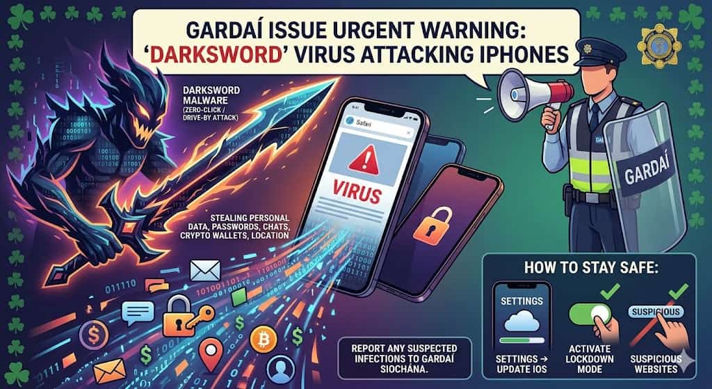 ഐഫോൺ ഉപയോക്താക്കൾക്ക് ഐറിഷ് പോലീസിന്റെ അടിയന്തര മുന്നറിയിപ്പ്; ‘ഡാർക്ക്സ്വോർഡ്’ (Darksword) വൈറസ് വ്യാപകമാകുന്നു