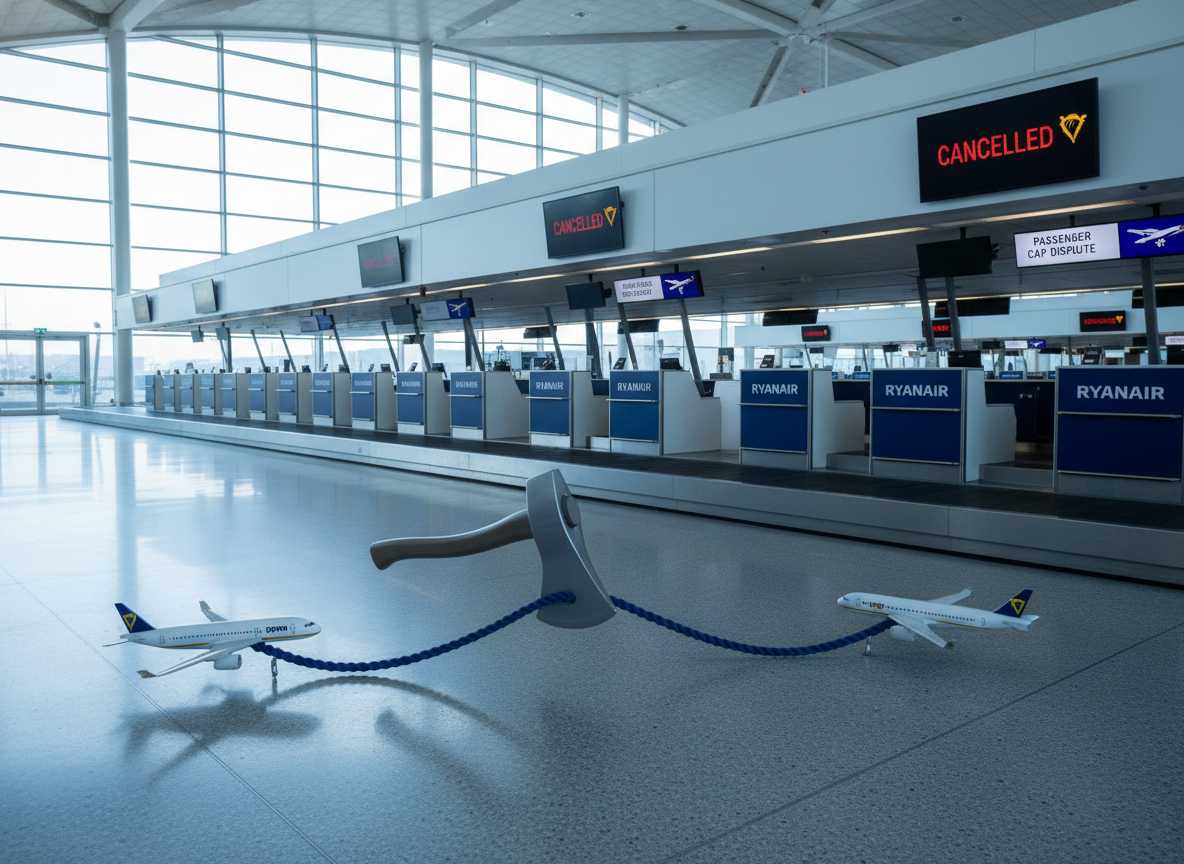 റയാൻഎയർ, യാത്രക്കാരുടെ പരിധി സംബന്ധിച്ച തർക്കം, ഡബ്ലിൻ വിമാന സർവീസുകളിൽ പത്തിലൊന്ന് വെട്ടിക്കുറച്ചു.