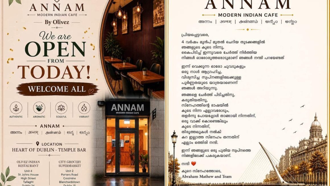 ഡബ്ലിൻ നഗരഹൃദയത്തിൽ ഇനി ‘അന്നം’; ഒലിവ്സ് ഗ്രൂപ്പിന്റെ പുതിയ മോഡേൺ ഇന്ത്യൻ കഫെ ടെമ്പിൾ ബാറിൽ പ്രവർത്തനം ആരംഭിക്കുന്നു