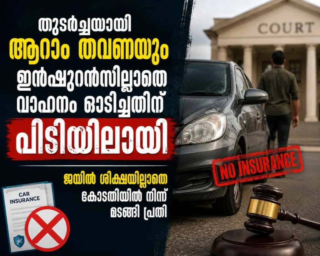 തുടർച്ചയായി ആറാം തവണയും ഇൻഷുറൻസില്ലാതെ വാഹനം ഓടിച്ചതിന് പിടിയിലായി; ജയിൽ ശിക്ഷയില്ലാതെ കോടതിയിൽ നിന്ന് മടങ്ങി പ്രതി