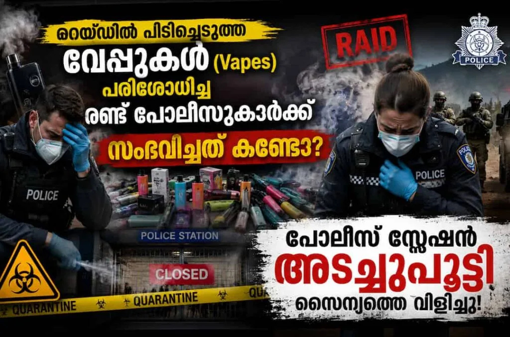 റെയ്ഡിൽ പിടിച്ചെടുത്ത വേപ്പുകൾ (Vapes) പരിശോധിച്ച രണ്ട് പോലീസുകാർക്ക് സംഭവിച്ചത് കണ്ടോ? പോലീസ് സ്റ്റേഷൻ അടച്ചുപൂട്ടി സൈന്യത്തെ വിളിച്ചു!